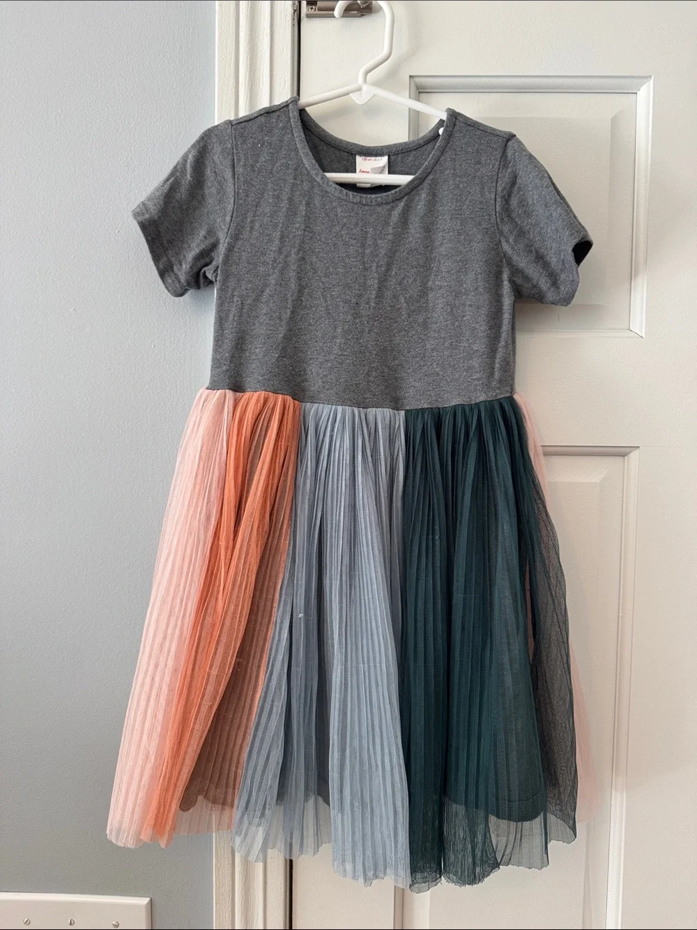 Hanna Andersson Gray Knit Dress with Pink, Peach, Light Blue & Teal Tulle Skirt
